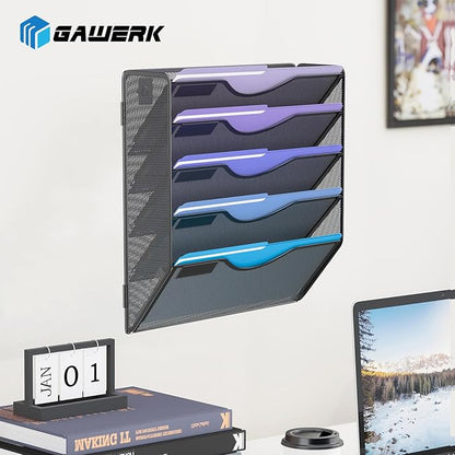 5 Tier Hanging Wall File Organizer, Mesh Mail Paper Orgnization Hanging File Folder Holder for Home Office, Black