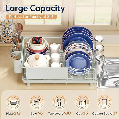 Dish Drying Rack Large Capacity - Stainless Steel Dish Rack for Kitchen Counter with Drain Board, Rustproof Dish Drainer with Auto Drain Spout, Utensil Holder & Glass Holder, Dinnerware Organizer