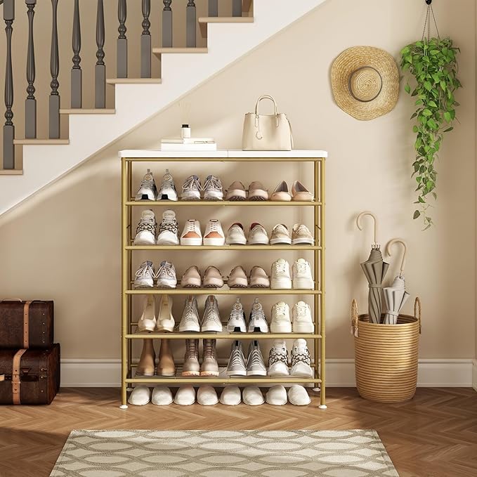 SUOERNUO Shoe Rack Organizer 6 Tier for Closet Entryway Free Standing Metal Storage Shoe Shelf with MDF Top Board，Gold