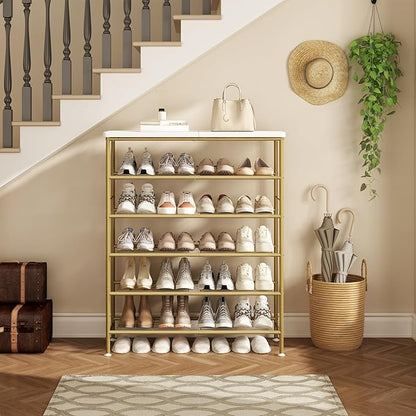 SUOERNUO Shoe Rack Organizer 6 Tier for Closet Entryway Free Standing Metal Storage Shoe Shelf with MDF Top Board，Gold