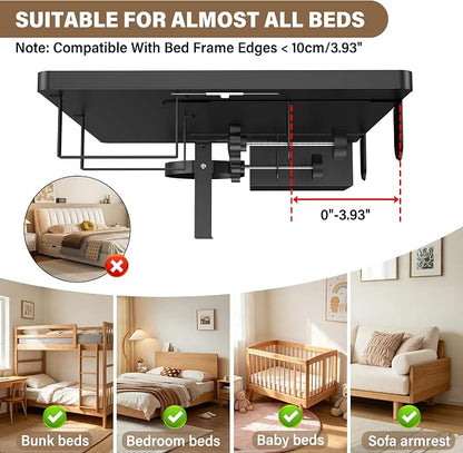Bedside Shelf, Metal Bed Shelf For Dorm Room Bunk Bed & Top Bunk, College Dorm Room Essentials, Clip On Floating Tray Space Saving Nightstand For Loft Beds With Removable Cup & Holder (Black)