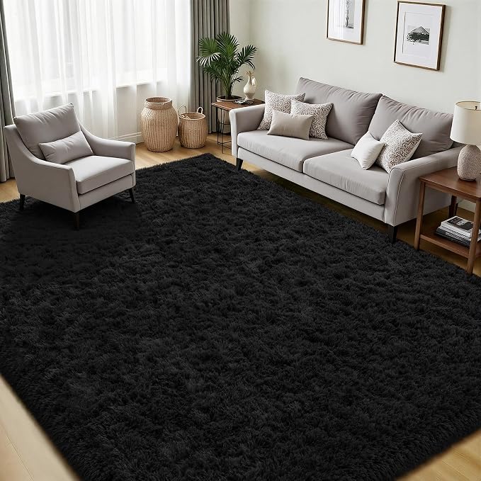 Area Rug for Living Room Bedroom: 5x7 Black Soft Fluffy Shag Upgrade Non-Slip High Pile Carpet Large Fuzzy Plush Indoor Floor Decor Shaggy Rug for Kid Boys Girls Dorms Playroom Nursery Modern Home