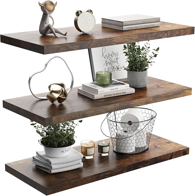 JPND Wall Shelf Set of 3, Rustic Brown Floating Shelves 36 in W x 10 in D x 1 in H, Wooden Floating Wall Shelf with Invisible Brackets for Living Room/Bedroom/Bathroom/Kitchen Storage and Decor