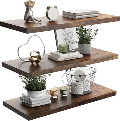 JPND Wall Shelf Set of 3, Rustic Brown Floating Shelves 36 in W x 10 in D x 1 in H, Wooden Floating Wall Shelf with Invisible Brackets for Living Room/Bedroom/Bathroom/Kitchen Storage and Decor