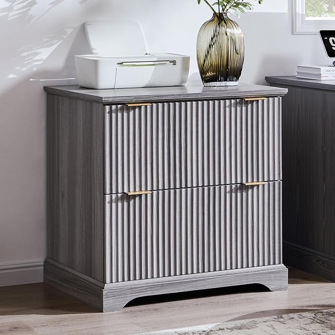 JXQTLINGMU 2 Drawer File Cabinet with Charging Station, 30" Fluted Lateral File Cabinet w/Files Hanging Rod for Letter/Legal/A4, Large Tabletop for Printer, Office Wood Printer Cabinets, Oak Gray