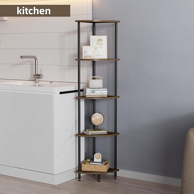 QLSPTFTS 5 Tier Corner Shelf, Bookcase for Small Spaces, Corner Display Shelf, Plant Stand, Rustic Brown and Black,Suitable for Bedroom,Living Room,Kitchen