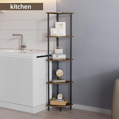 QLSPTFTS 5 Tier Corner Shelf, Bookcase for Small Spaces, Corner Display Shelf, Plant Stand, Rustic Brown and Black,Suitable for Bedroom,Living Room,Kitchen