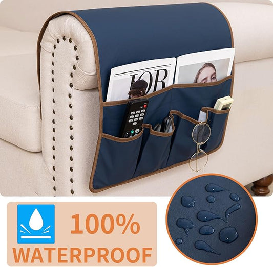 HAOMAIJIA Anti Slip Sofa Armrest Organizer Arm Chair Bedside Caddy Storage Organizer For Recliner Couch With 6 Pockets For Cell Phone Tv Remote Control (Navy Blue, 31.89 inches × 18.5 inches)
