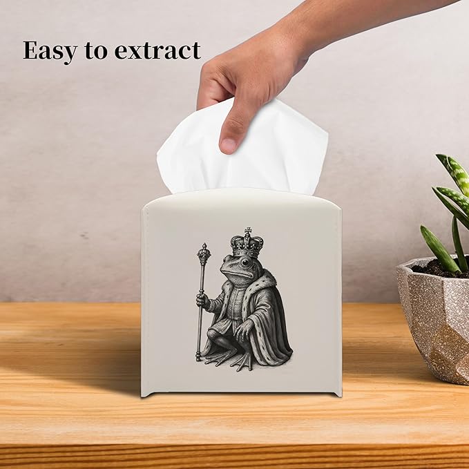 Grace Yonks Vintage Tissue Box Cover Square - Frog King Illustration Design 5.2" PU Leather Holder for Vanity, Desk, or Bathroom Counter - Cube Case for Facial Tissues. (117)
