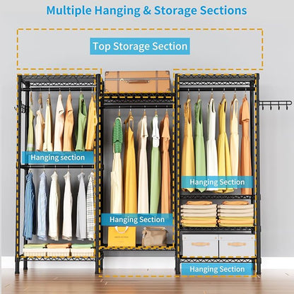Golpart Heavy Duty Garment Rack Clothes Rack,Large Metal Closet Organizer System Storage Wardrobe,Freestanding Clothing Rack with 8 Adjustable Wire Shelves&4 Hang Rods,MaxLoad 800lbs