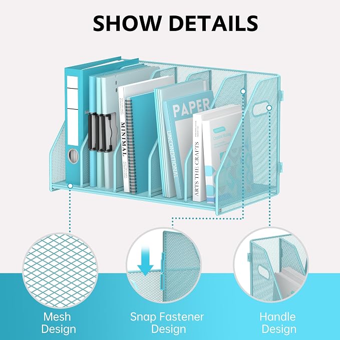 SUPEASY Binder Organizer, Magazine File Holder with 5 Vertical Compartments Rack, Metal Desk File Organizer & Binder Holders, Magazine Organizers for Office Desktop, Home, School, Classroom (Blue)