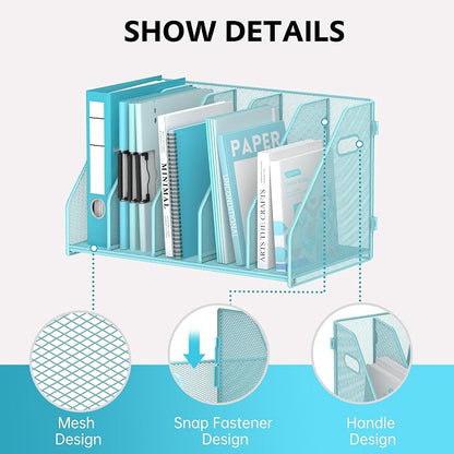 SUPEASY Binder Organizer, Magazine File Holder with 5 Vertical Compartments Rack, Metal Desk File Organizer & Binder Holders, Magazine Organizers for Office Desktop, Home, School, Classroom (Blue)