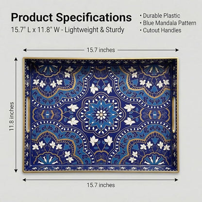 Decorative Serving Tray with Handles - 15.7" x 11.8" Blue Mandala Pattern Rectangular Plastic Platter - Boho Coffee Table Tray for Ottoman, Breakfast in Bed & Living Room Decor
