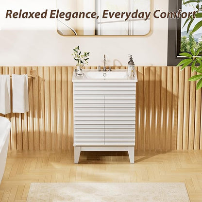 APRILSOUL 24" Bathroom Vanity with Ceramic Sink, Mid-Century Bathroom Vanity Cabinet with 2 Soft Closing Doors, Freestanding Bathroom Cabinet, Particleboard Frame with Wood Grain Laminate, White