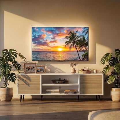JUMMICO Mid-Century Modern TV Stand for 55-65 Inch TVs, 58 Inch Media Console with Storage, Entertainment Center with Push-Open Cabinets and Cable Management for Living Room(Oak, 58 Inches)