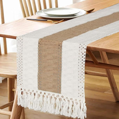 FEXIA Boho Table Runner for Summer Home Decor with Tassels 108 Inches Farmhouse Long Pottery barn Furniture Rustic Macrame Burlap Centerpieces for Tables Decoration for Living Room (12x108 Inches)