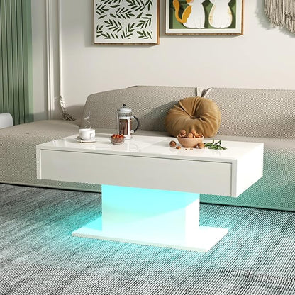 White LED Coffee Table with Storage for Living Room, Living Room Table Rectangular Center Table, Modern High Glossy Wooden Coffee Tables with 16 Colors LED Lights for Dining Reception Room