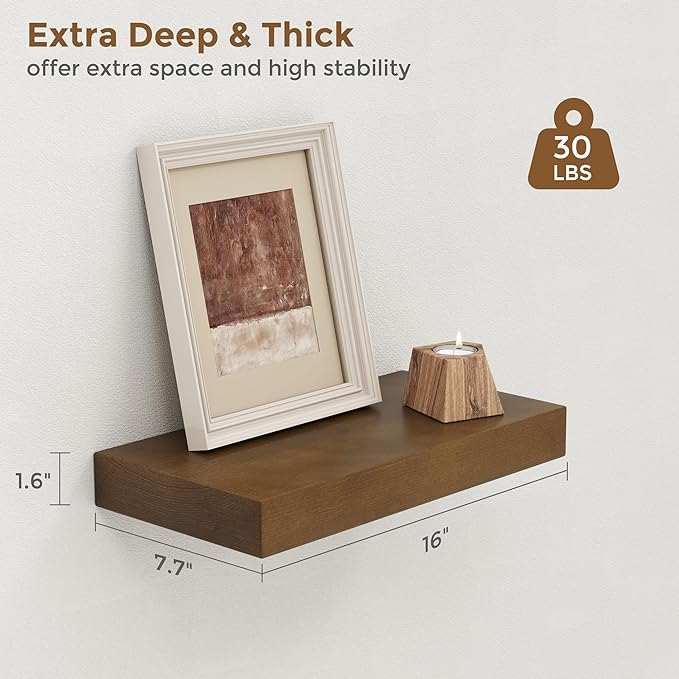 Marsmiles Wood Floating Shelves | Rustic Dark Wood Wall Shelves Set of 2 | 16" W x 7.7" D x 1.6" H Dark Wooden Shelves for Bathroom Living Room Kitchen