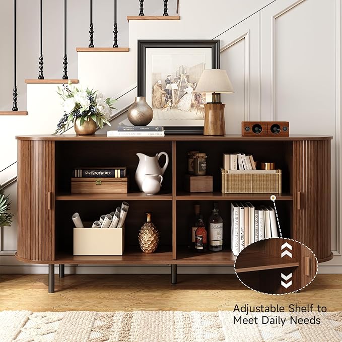 ONBRILL 63" Sideboard Buffet Cabinet with Storage, Storage Cabinet with Sliding Door & Adjustable Shelf, Modern Accent Coffee Bar Console Table for Kitchen, Entryway, Walnut
