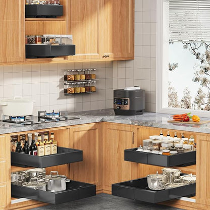 Seinloes 2 Pack Expandable Pull Out Cabinet Organizer 21" Deep with Raising Pad for Framed Cabinets,Upgrade 3 Slide Rails Slide Out Drawers,Roll Out Shelves Adhesive,Adjustable Width 9"-14.1" Black