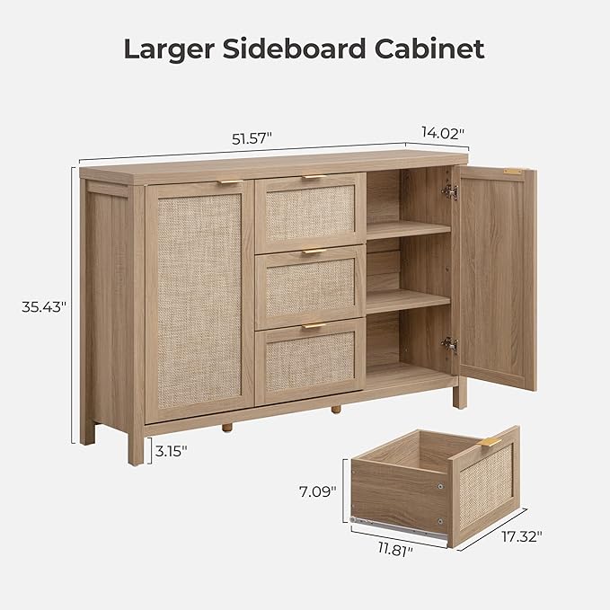 SICOTAS Rattan Large Sideboard Buffet Cabinet with Storage - Boho Coffee Bar Storage Cabinet with 3 Drawers and 2 Doors, Console Table Credenza for Living Room, Kitchen, Hallway, Light Oak (2 Pieces)