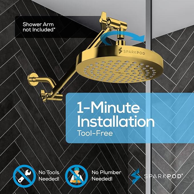 SparkPod Rain Shower Head, 8 Inch Round | High Pressure Shower Heads, 90 Nozzle (Touch-to-Clean), Adjustable Showerhead, No-tool Universal Connection