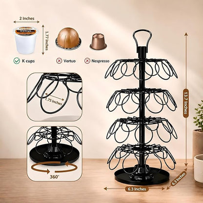 K Cup Holder-Coffee Pod Holder Organizer for 36 K-Cup Pods, 4-Tier Coffee Pod Carousel Compatible with K-Cups, 360° Rotating with Stable Base, Space-Saving for Kitchen Countertop & Office, Black