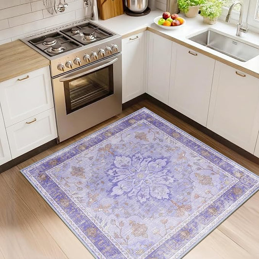 RELEANY Area Rugs Square 4ft Washable Non-Slip, Floral Vintage Distress Medallion Carpet for Living Room Bedroom Dining Room, Light Purple Brown
