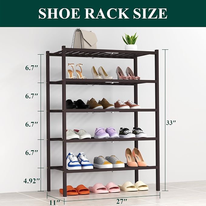 Smiry Bamboo Shoe Rack, 5 Tier Free Standing Wooden Shoe Organizer, Stackable Wood Shoe Storage Shelf for Closet, Entryway, 14 Vertical Slats, 2+2+1 Stack Heavy-Duty Legs, 26.8"x11"x32.5", Brown