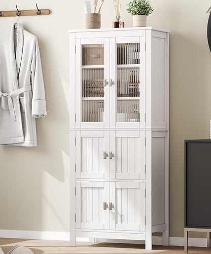 Akxomel 53.1" H Tall Bathroom Storage Cabinet, Bathroom Floor Cabinet with 6 Doors and Adjustable Shlef, Linen Cabinet, Pantry Cabinet for Living Room, Kitchen, Entryway, White