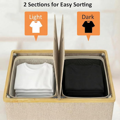 efluky Laundry Hamper with Lid, Double Laundry Basket with 2 Removable Bags, 2 Section Laundry Bin with Bamboo Handles for Bathroom, Bedroom & Laundry Room, 140L (36.9 Gallon) Oat