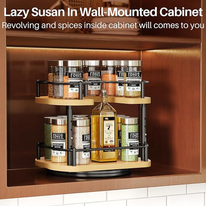 Lazy Susan Organizer Spice Rack - Spice Organization for Cabinet Height Adjustable Rotating Lazy Turntable, Pantry Kitchen Wood Revolving Seasoning Organizer (Natural, 9 Inch)