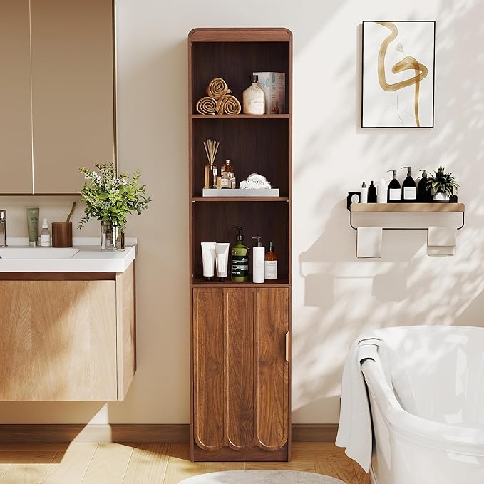 ORRD Narrow Tall Bathroom Storage Cabinet, Freestanding Storage Cabinet with Open Storage Compartments and Adjustable Shelf for Small Space, Bathroom, Living Room, Kitchen, (Walnut)