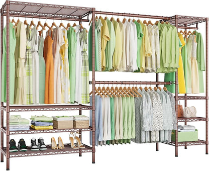 Ulif E11 Heavy-Duty Garment Rack, Metal Freestanding Clothes Rack and Closet Storage Organizer System with 8 Shelves and 4 Hanger Rods, (73.2-97.6)" W x 14.5" D x 71.2" H, Load 1034 LBS, Bronze