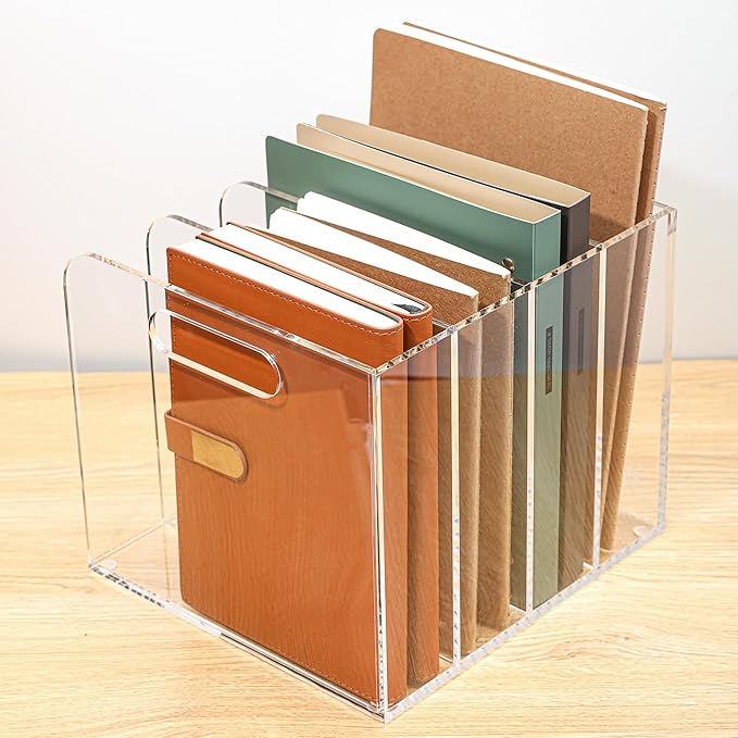 Acrylic Magazine File Holder, 4 Vertical Compartments Desk Document Sorter Organizer, Clear Folder Rack Binder for Office/Documents/Classroom, for Home, Tablet, Magazines, Books & Accessories