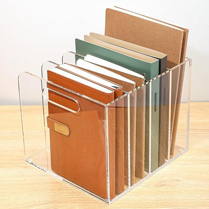 Acrylic Magazine File Holder, 4 Vertical Compartments Desk Document Sorter Organizer, Clear Folder Rack Binder for Office/Documents/Classroom, for Home, Tablet, Magazines, Books & Accessories