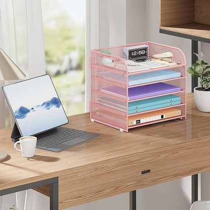 5 Tier Paper Organizer with Handle, Pink Metal Mesh Desk Organizer File Folder Paper Letter Tray Desktop Document Sorter for Classroom, School, Office Accessories Organization and Storage
