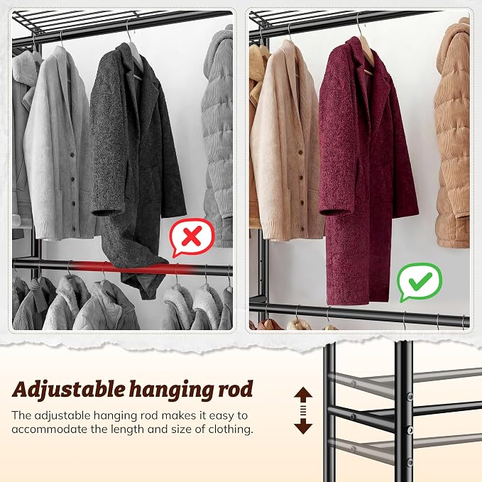 Raybee Clothes Rack, Extra Large Clothing Rack with 6 Rods & 12 Shelves, Heavy Duty Portable Closets for Hanging Clothes, Freestanding Closet Rack, Metal Garment Rack for Bedroom, Load 1200 lbs, Black