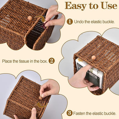 Rattan Tissue Box Cover Square Natural Woven Decorative Rectangle Tissue Box Holder Bathroom Napkins Roll Paper Face Towels Organizer on Table Rustic Boho Decorative 5.5 X 5.5 X 5.9in