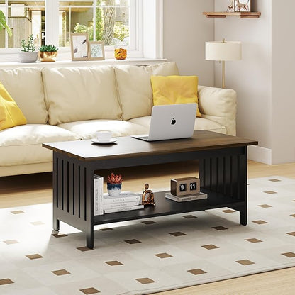 YOSHOOT 39.4" Farmhouse Coffee Table, Small Coffee Tables for Living Room | Black, 2 Tier Coffee Table with Storage, Tea Table for Living Room Bedroom Small Space