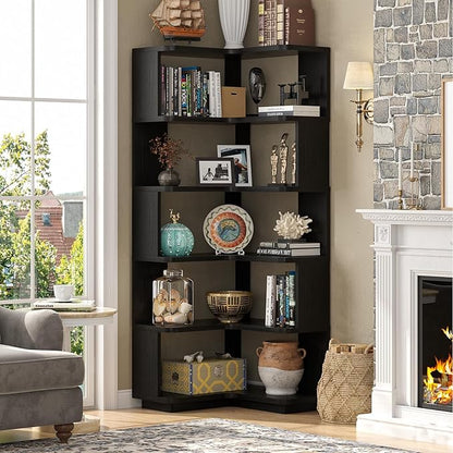 Armocity Corner Book Shelf - 6 Tier Corner Bookshelf Etagere Bookcase with Baffle, Freestanding L Shaped Display Shelf Stand for Home Office, Living Room, Bedroom, Kitchen, Black