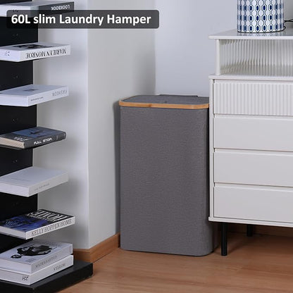 Slim Laundry Basket,60L Laundry Hamper with Lid, Tall Hamper for Laundry,Dirty Cloth Hamper with Bamboo Handle for Towels, Clothes Organizing,Grey