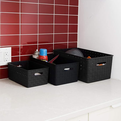 BINO Plastic Basket, Medium - Black, 4 Pack, The Stable Collection, Multi-Use Storage Basket, Rectangular Cabinet Organizer, Home & Office Storage Organizer, Baskets for Bathroom Organizing