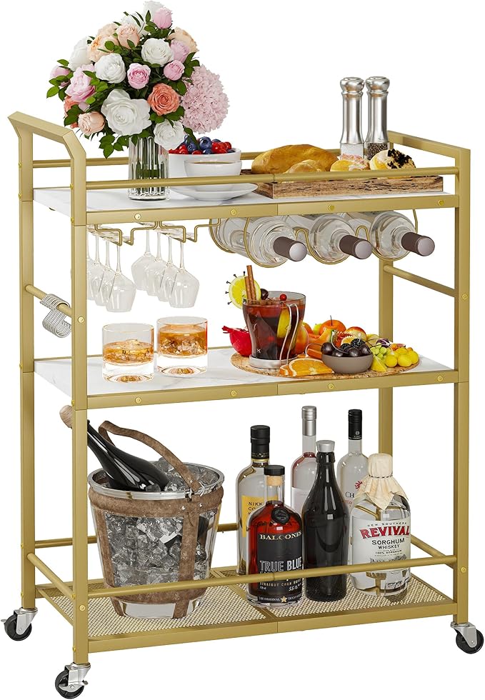 3 Tier Bar Cart, Small Beverage Cart, Mini Bar Cart with Wine Rack, Home Bar Serving Cart with Wheels for Kitchen Dining Living Room (Gold, General)