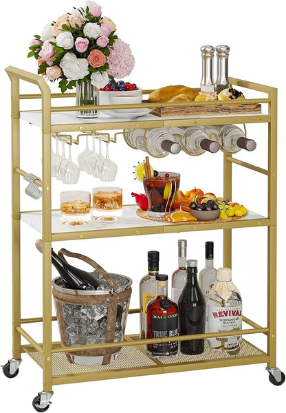 3 Tier Bar Cart, Small Beverage Cart, Mini Bar Cart with Wine Rack, Home Bar Serving Cart with Wheels for Kitchen Dining Living Room (Gold, General)
