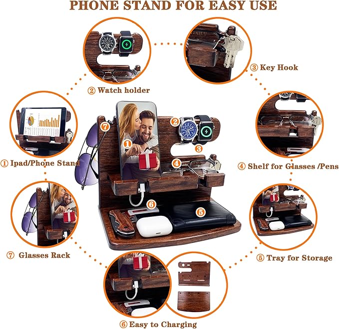 VEIYAILU Gifts for Men Women Dad Husband Boyfriend Wood Phone Docking Station Nightstand Organizer for Men Birthday Gifts (Dark Brown)