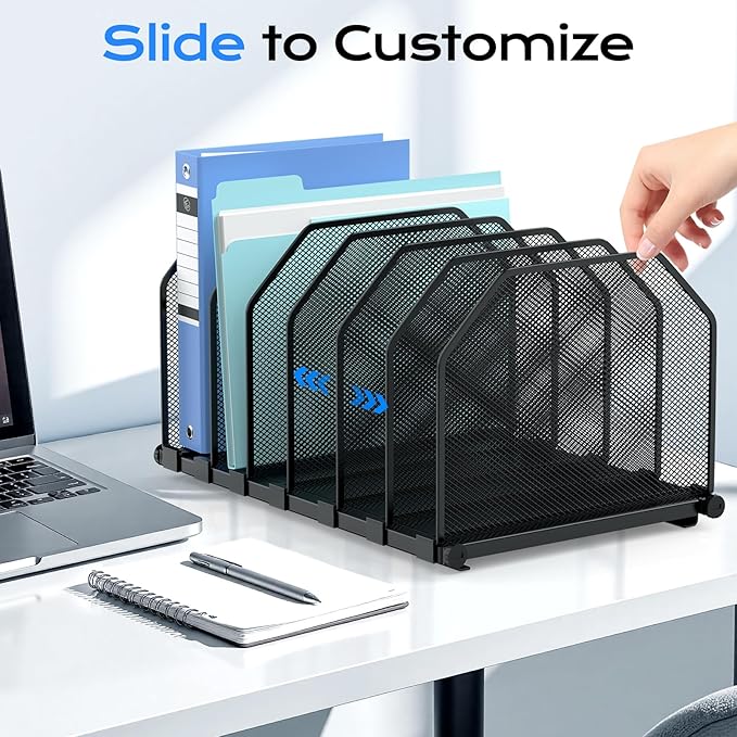 Adjustable File Organizer for Desk, 6 Sections Vertical File Folder Holders Desktop Binder Organizer, Mesh Desk Organizer File Sorter for Home Office Classroom