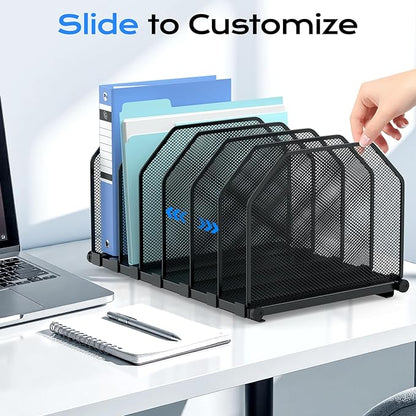 Adjustable File Organizer for Desk, 6 Sections Vertical File Folder Holders Desktop Binder Organizer, Mesh Desk Organizer File Sorter for Home Office Classroom