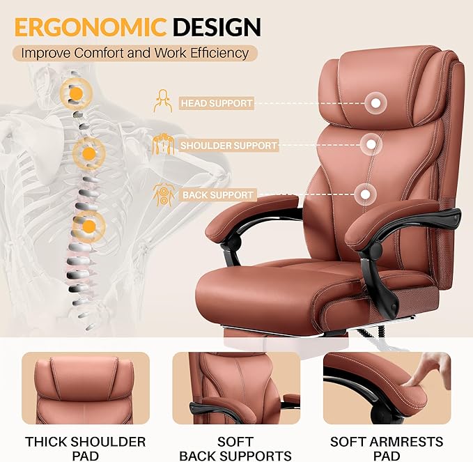 Office Chair, Executive Big and Tall Leather Desk Chairs with Footrest, Ergonomic Breathable Computer Chair with Adjustable High Back, Lumbar Support Swivel PC Chairs with Rocking Function