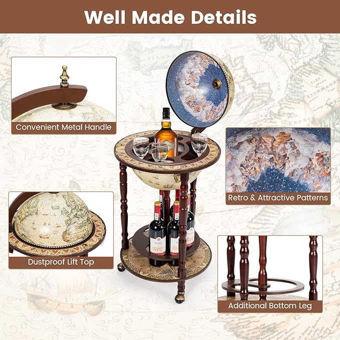 Goplus Globe Bar, 17.5” Globe Bar Liquor Cabinet with Wheels, Bottom Shelf, Old World Map, 16th Century Italian Replica Bar Globe, Retro Wine Stand, Globe Bar Cart for Dining Room Living Room Home